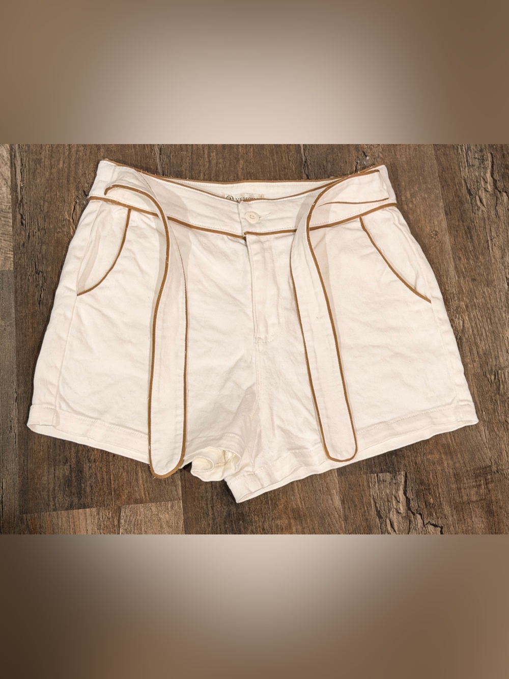 Versona Cream Shorts with Tan Piping and Tie Belt